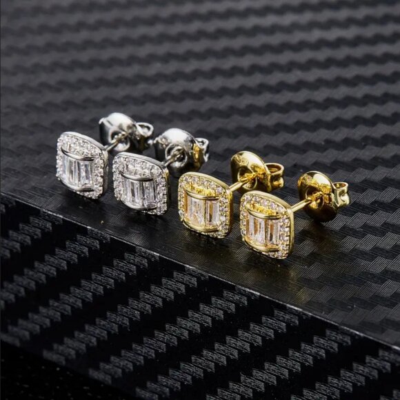 18K Gold Mens 2ct Diamond Square Stud Earrings Guys 18 Karat 2 ct Silver Studs - Picture 8 of 8